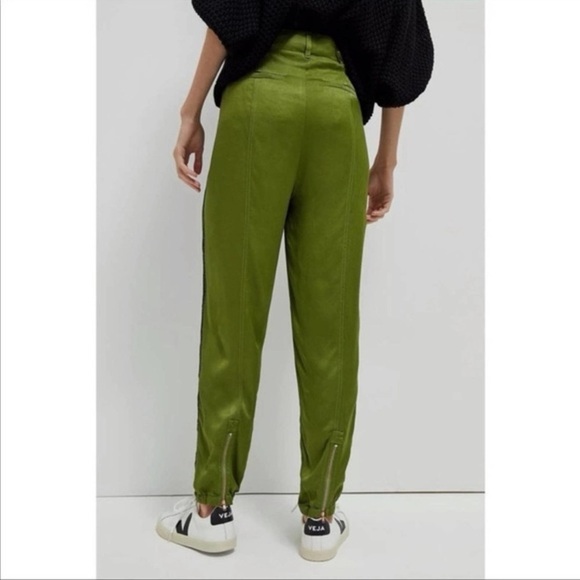 Anthropologie Deandra Green Tuxedo Satin Joggers 4 Ankle Zip Viscose High Rise - Picture 3 of 16
